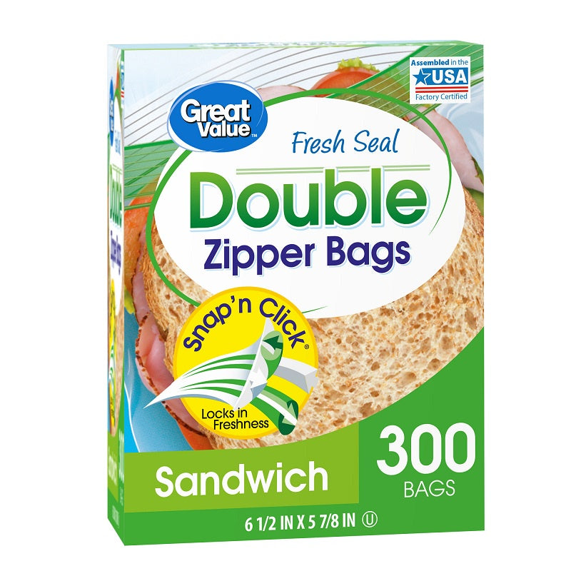 GREAT VALUE Double Zipper Sandwich Bags 100 ct